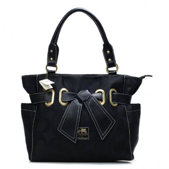 Coach Poppy Bowknot Signature Medium Black Totes ANB - Click Image to Close